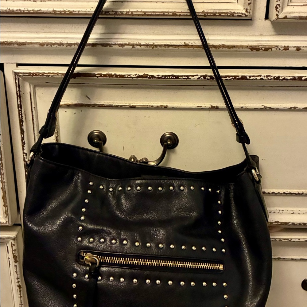 Cole Haan Black Leather Studded Shoulder Bag with Front Zip Pocket